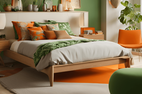 AI afbeelding van een slaapkamer kleuren met groene en oranje kleuren in vintage design inspiratie