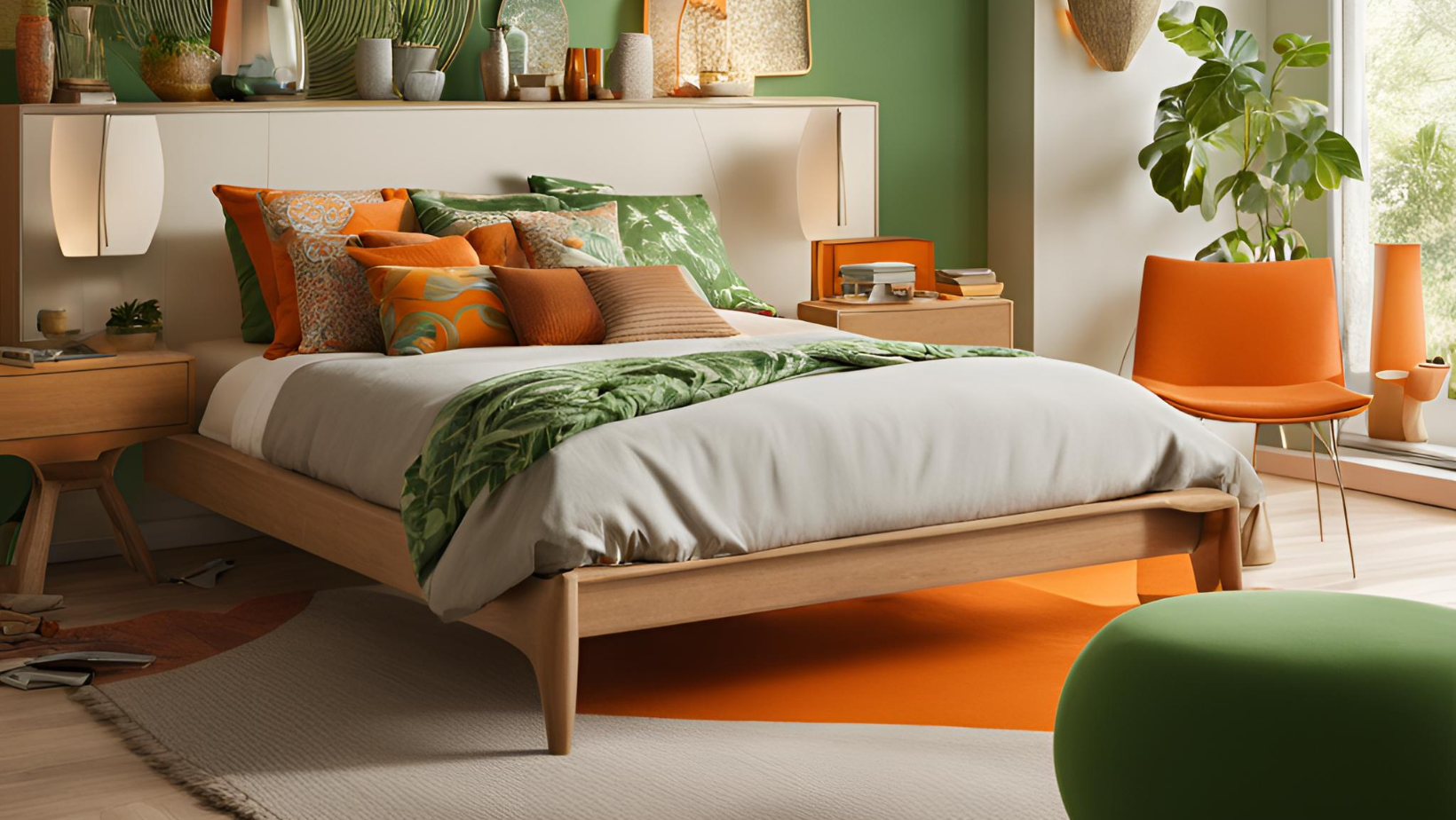 AI afbeelding van een slaapkamer kleuren met groene en oranje kleuren in vintage design inspiratie